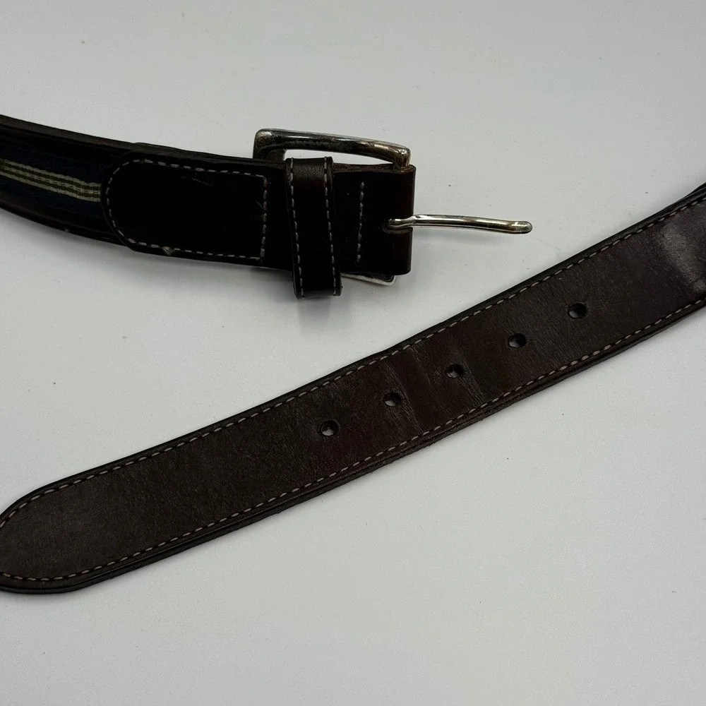 Orvis Mens Leather Belt 40 Brown Ribbon Inlay Stripe Made in USA‎ 39KY